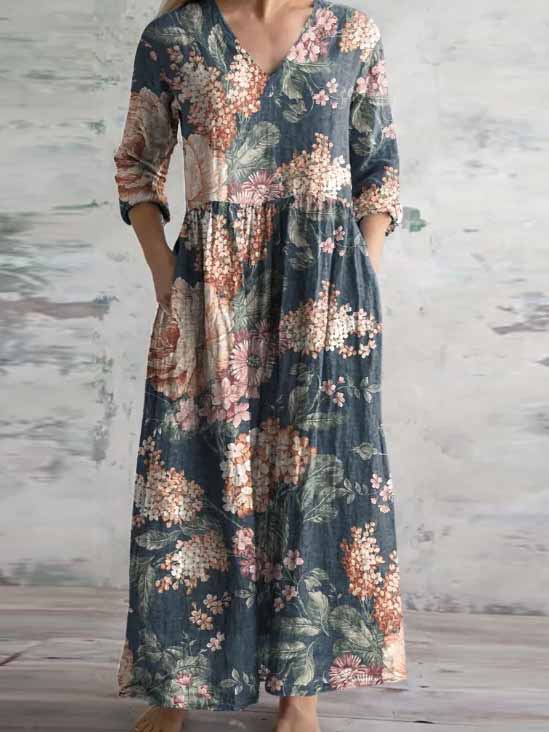 Women Long Sleeve V-neck Graphic Floral Printed Top