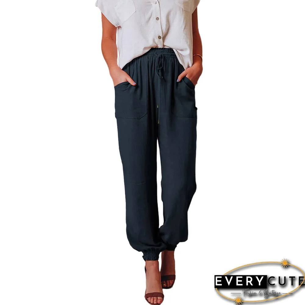 Navy Blue Drawstring Elastic Waist Pocket Harem Pants