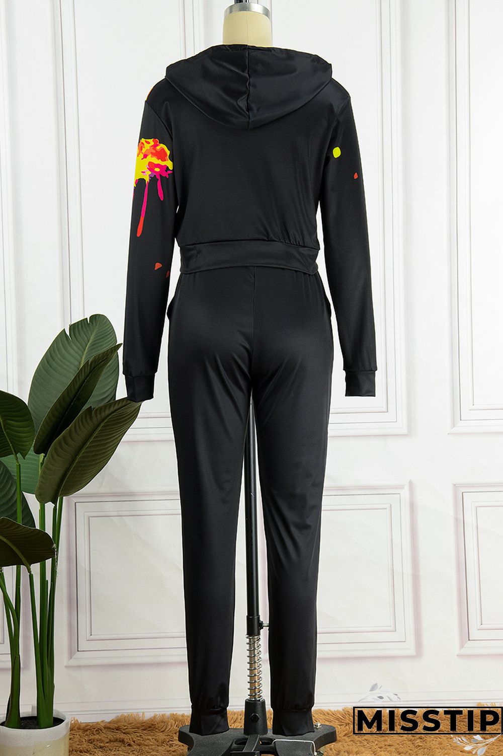 Black Casual Print Basic Hooded Collar Long Sleeve Two Pieces