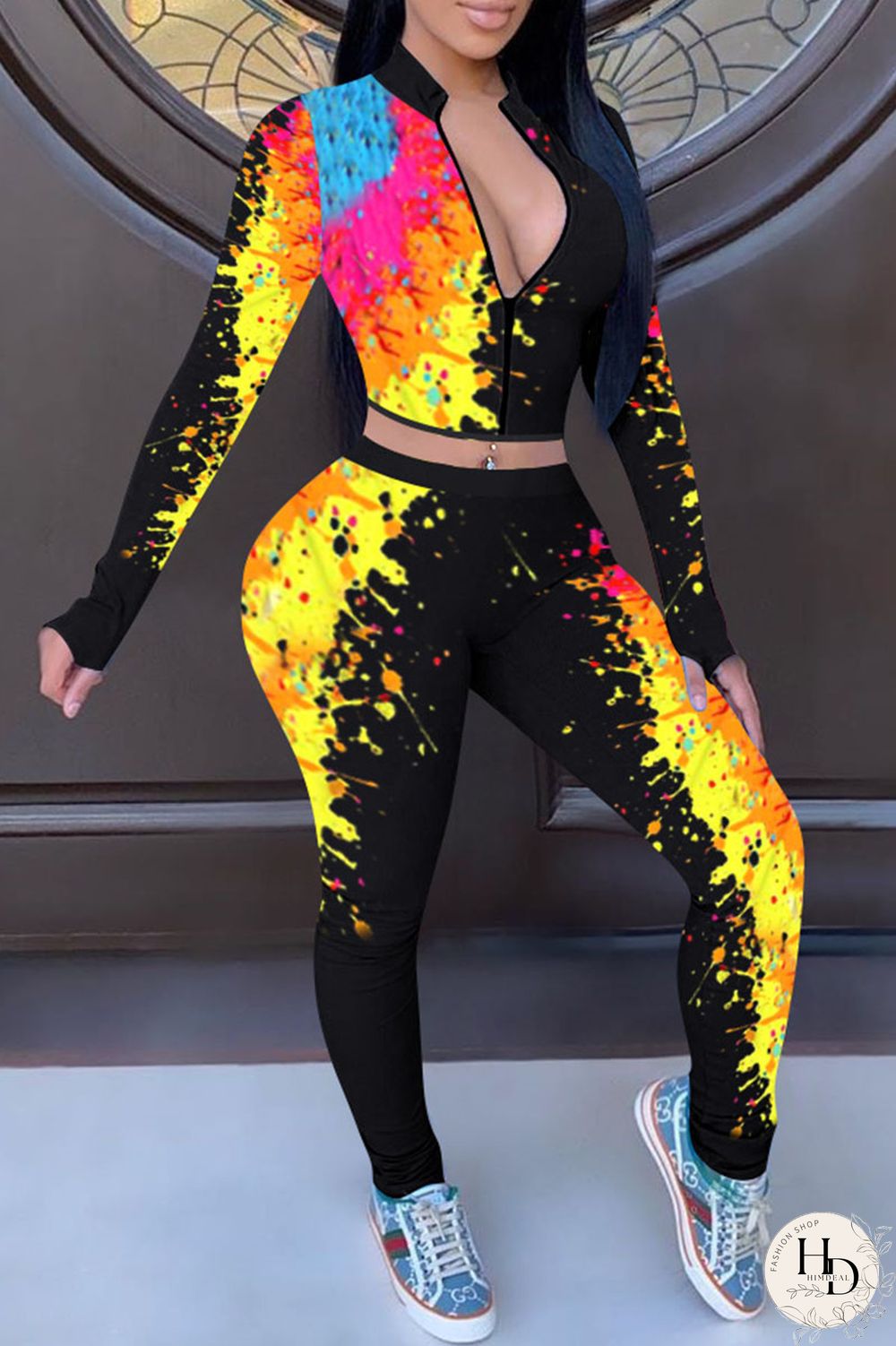 Yellow Casual Street Print Patchwork Zipper Collar Long Sleeve Two Pieces