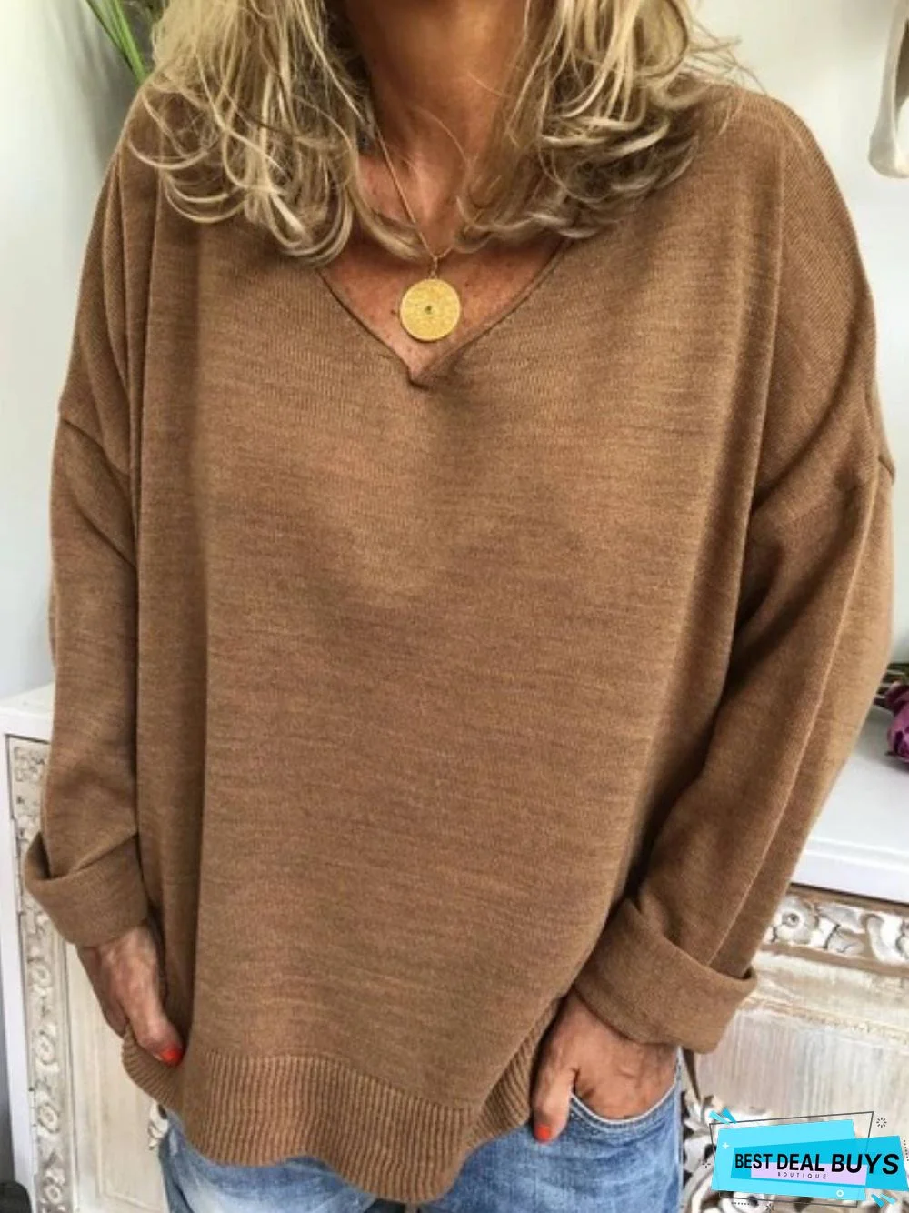 Beige Knitted Long Sleeve Casual Plus Size Sweater