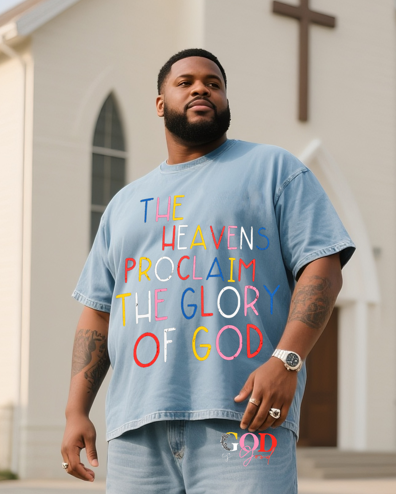 Plus Size Men Color Design GOD Denim T-Shirt Pants Suit