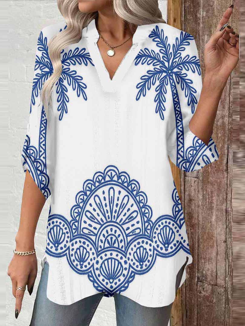 Women Tropical,Blue DZGA0276 3/4 Sleeve V-neck Printed Graphic Button Tops