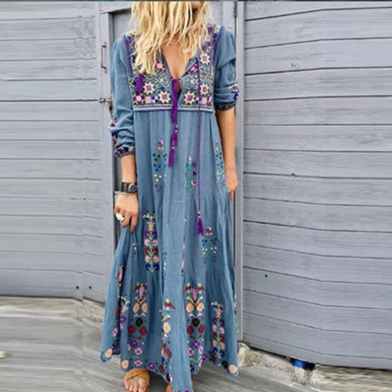 Plus Size Womens Long Sleeve Print Dress Autumn V Neck Drawstring Maxi Dresses Boho Ladies Casual Loose Ankle-length Sundress