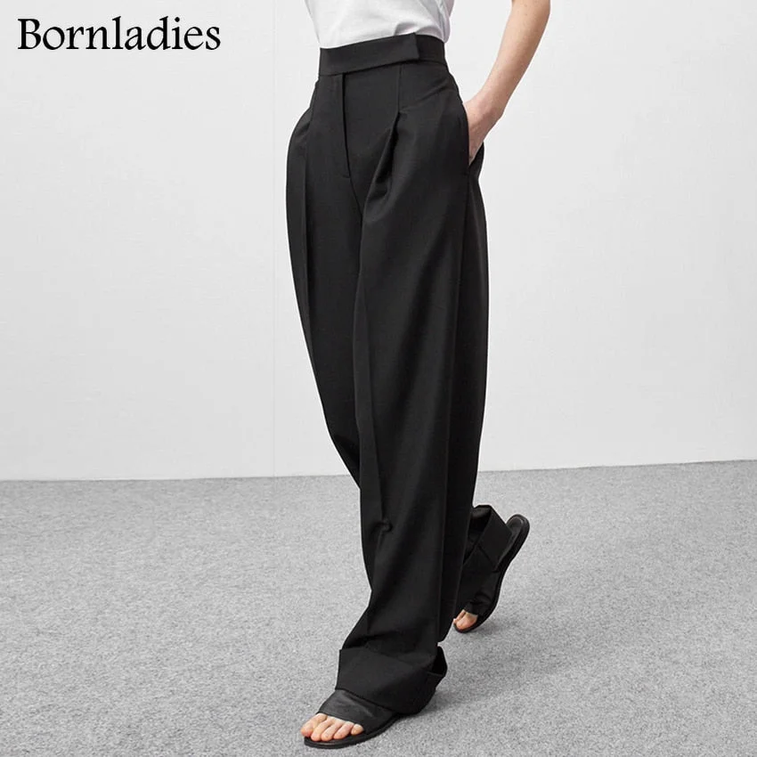 Bornladies Autumn Black Ladies Office Trousers Women High Waist Pants Pockets Female Summer Pleated Wide Leg Pants Solid 2022