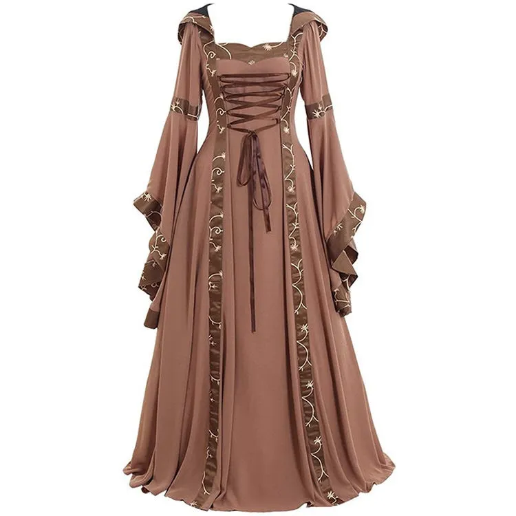 Brownm Vintage Swing Dress Square Collar Lace Waist Flared Sleeve Halloween Costume
