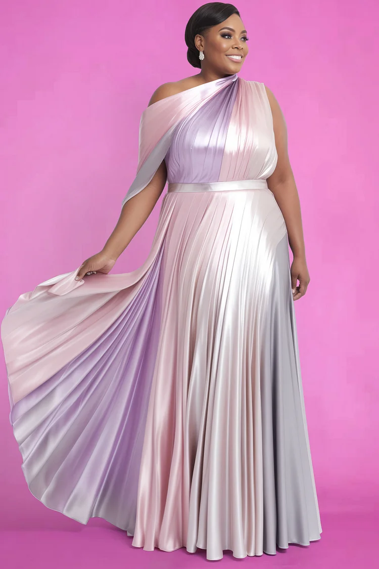 Xpluswear Design Plus Size Formal Pink Gradient Oblique Collar Long Sleeve Pleated Satin Maxi Dresses [Pre-Order]