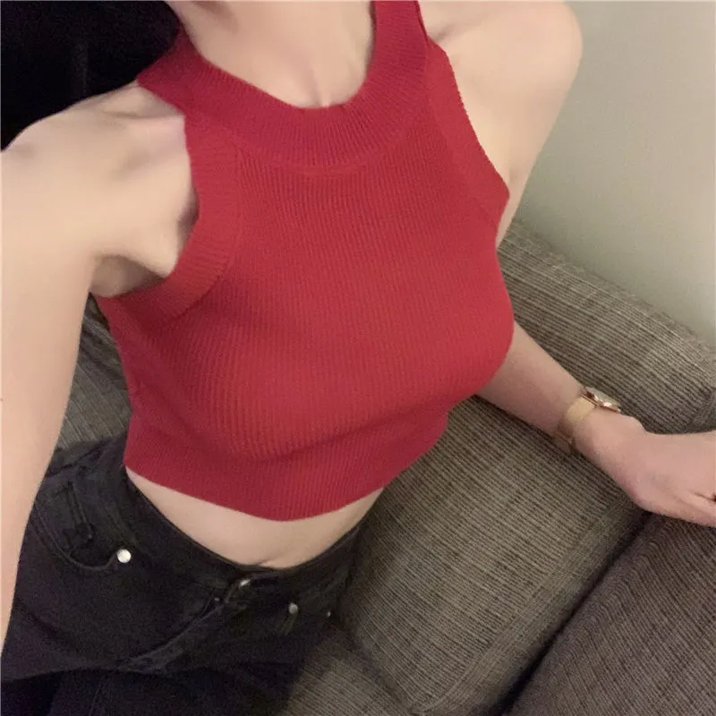Uveng Uveng Chic New Knitted Neck Vest Slings Sweet Spicy Outer Wear Short Bottom Shirt Thin Top Lady