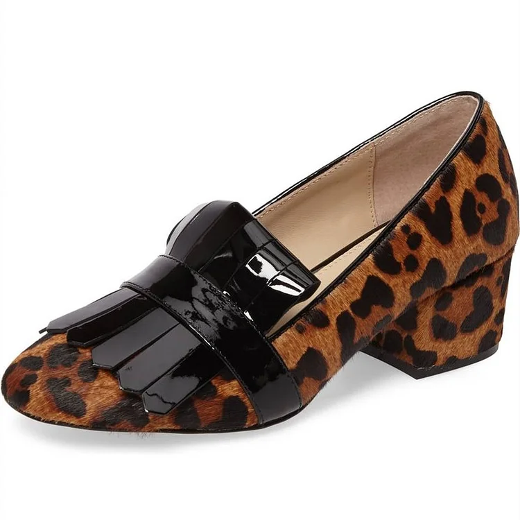 Brown Leopard Print Block Heel Women's Loafers with Fringe |FSJ Shoes