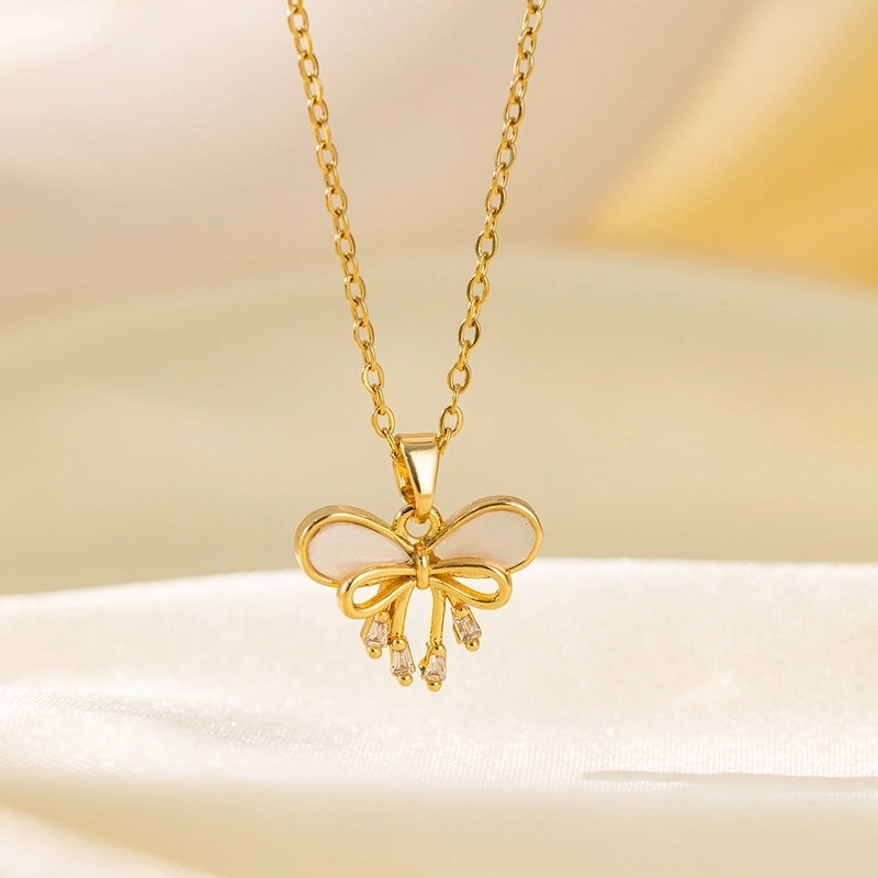 Sweet Minimalist Star Heart Shape Bow Knot Titanium Steel Zircon Plating Inlay Pendant Necklace