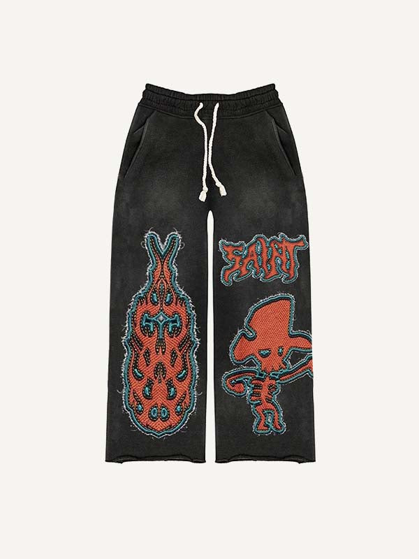 Skeleton&Fire&Letter Faux Decal Print Elastic Waist Pants