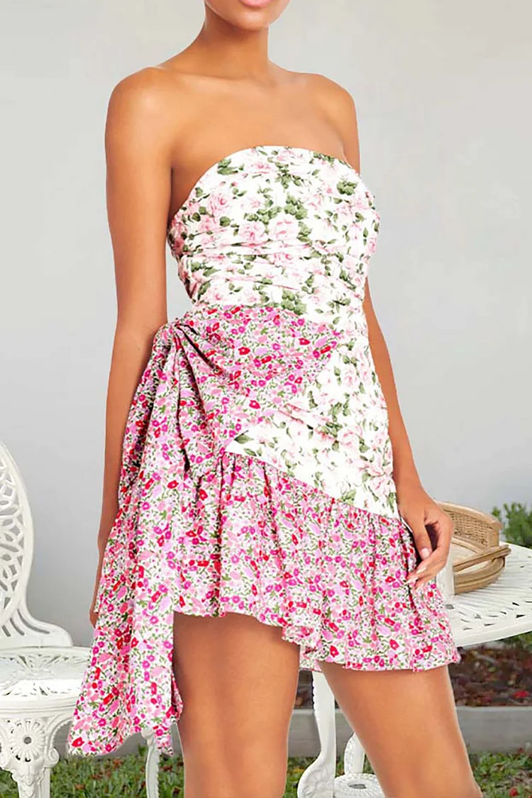 Boat Neck Tube Backless Bow Decor Irregular Pleated Hem Floral Print Vacation Mini Dresses [Pre Order]