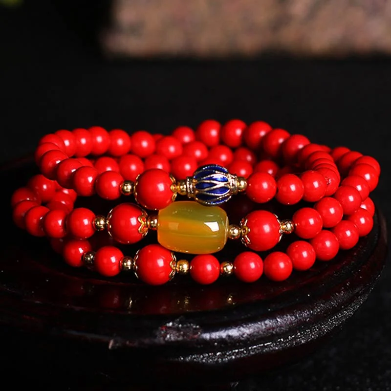 Tibetan Cinnabar Yellow Agate Blessing Bracelet Necklace