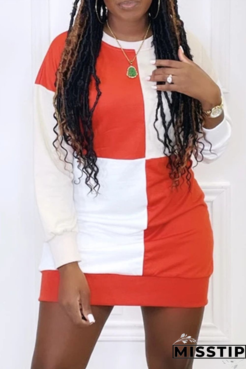 Pink Fashion Casual Patchwork Basic O Neck Long Sleeve Dresses