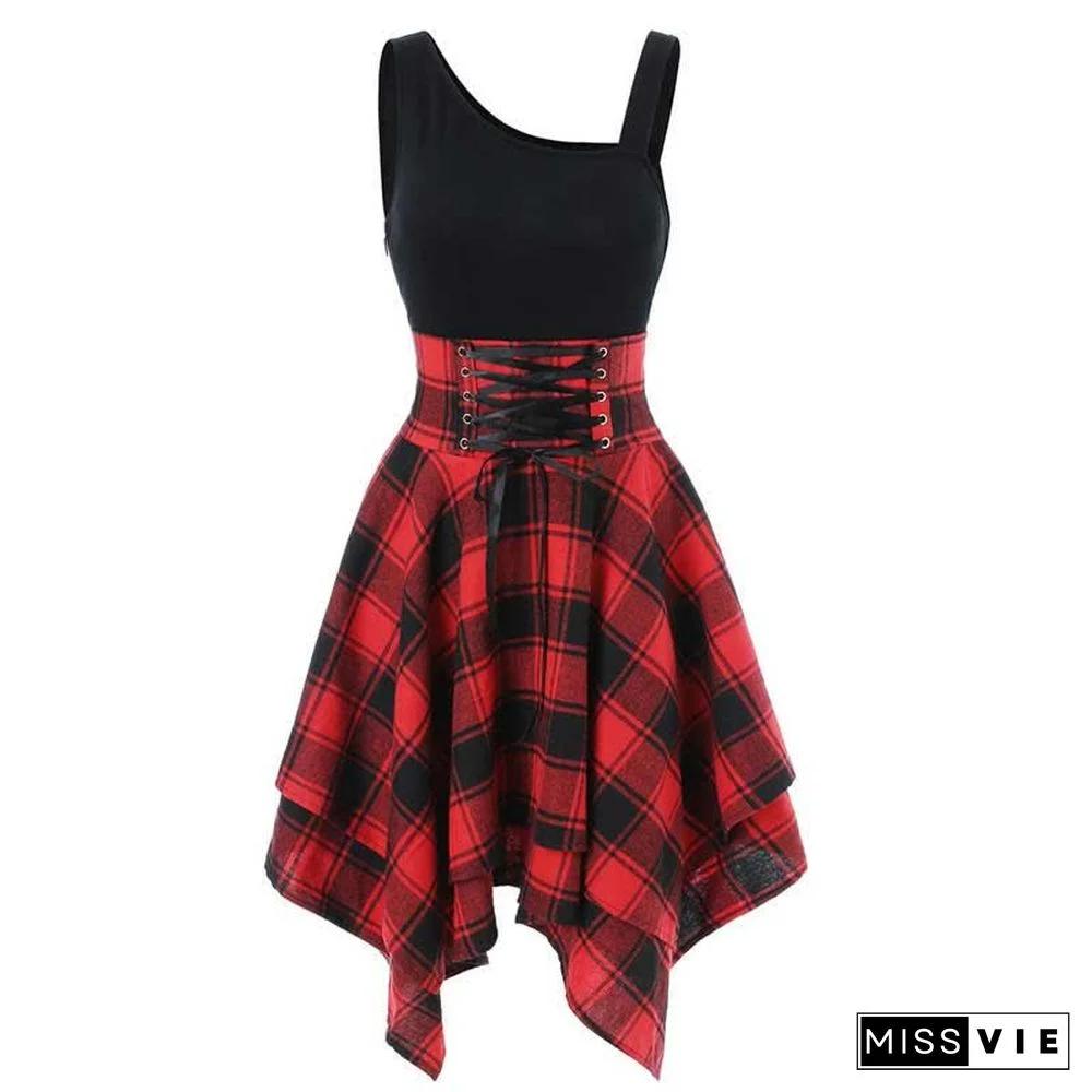 Contrast Plaid Elastic Waist Irregular Dress