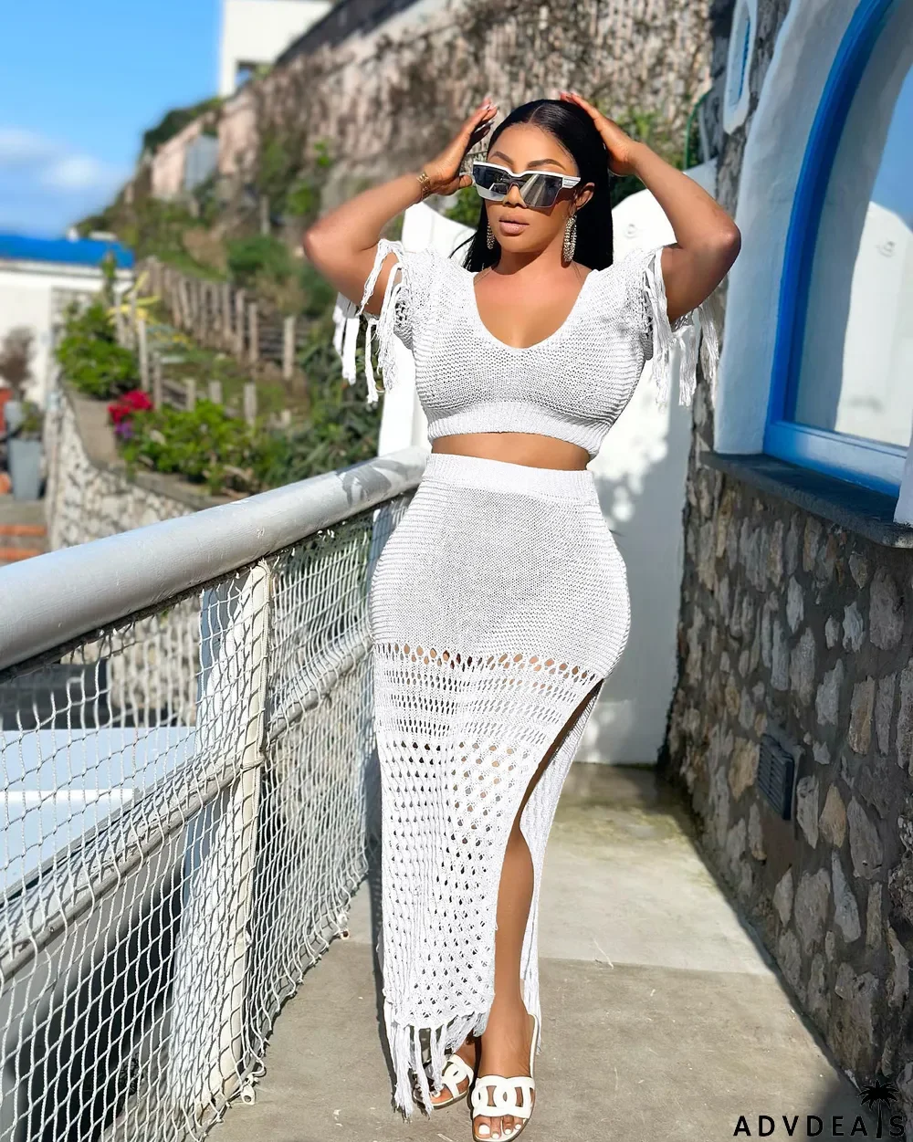 Ladies Casual Sexy Split Woolen Crochet Knitting Tassel Two-Piece Set