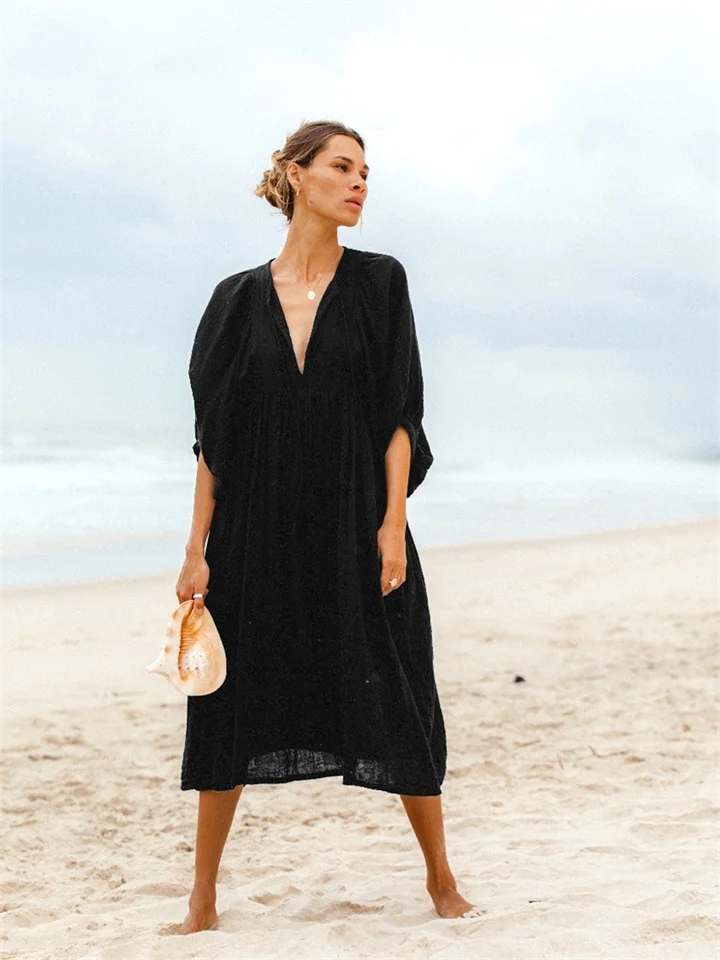 Spring and Summer Loose Casual Women's Lantern Sleeves Tied Rope Plus Size Dresses