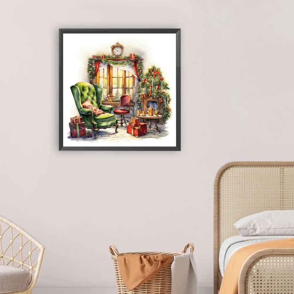 Full Round Diamond Painting 30*30cm - Green Sofa With Floor-To-Ceiling Windows