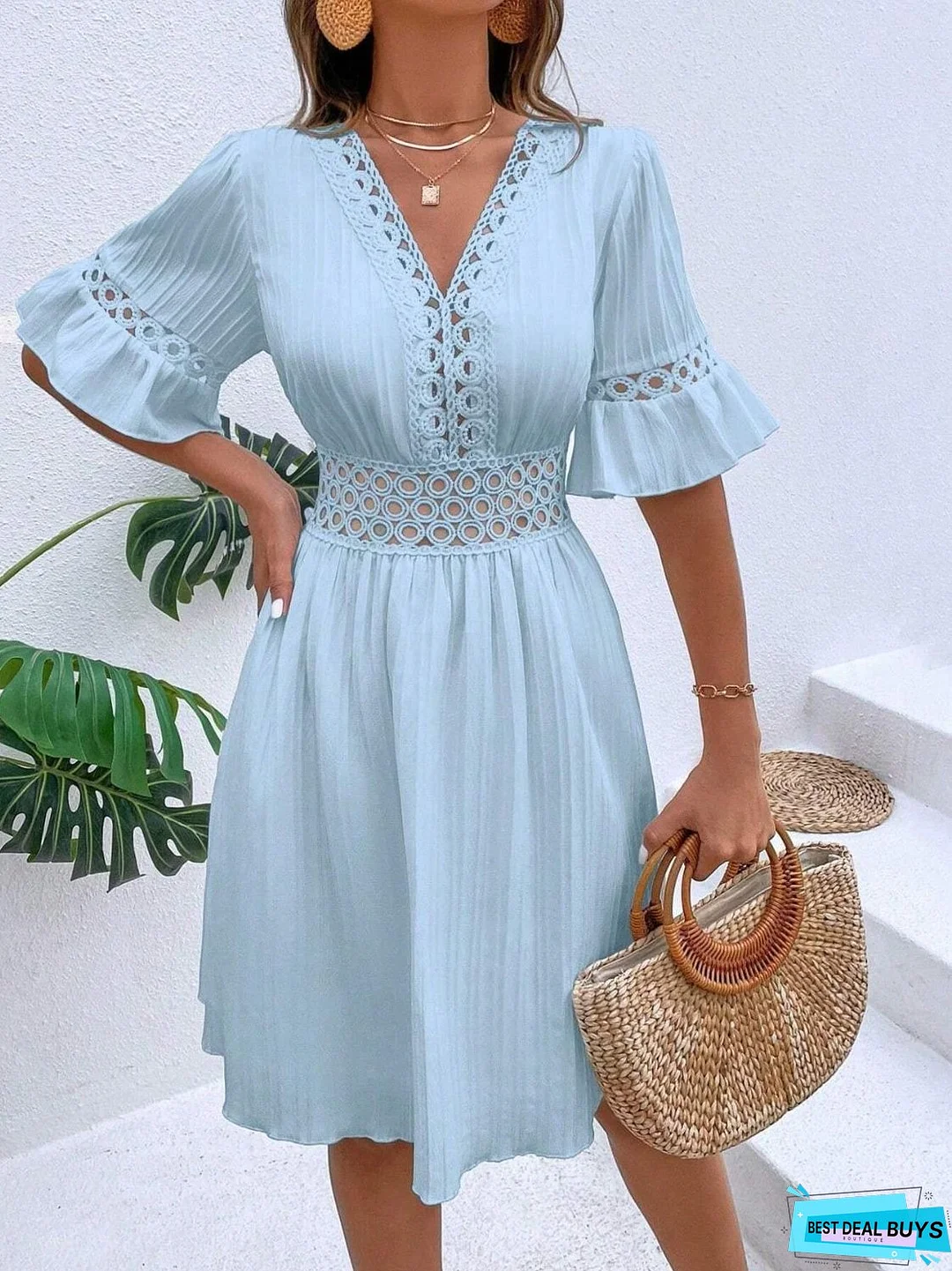 Cutout V-Neck Flounce Sleeve Mini Dress