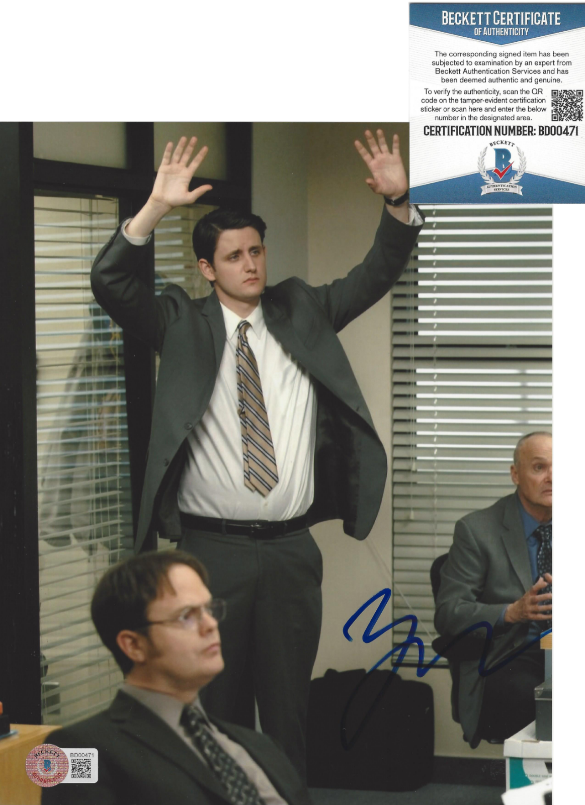 ZACH WOODS SIGNED 'THE OFFICE' GABE 8x10 Photo Poster painting C TV SHOW ACTOR BECKETT COA BAS