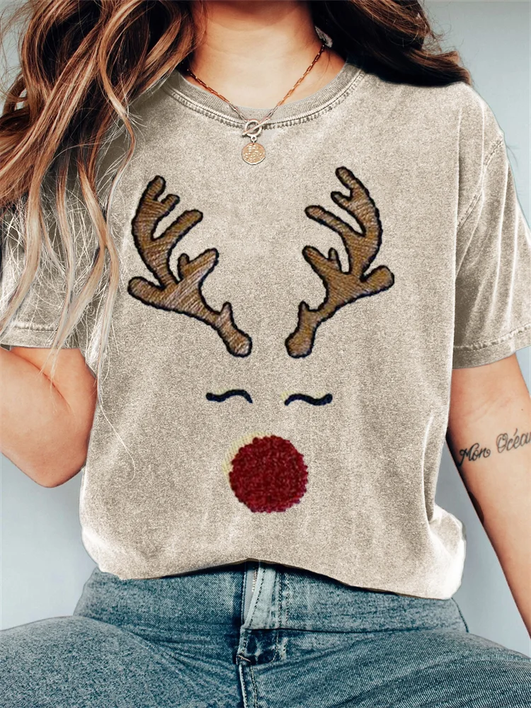 Comstylish Christmas Reindeer Face Embroidery Art Vintage T Shirt