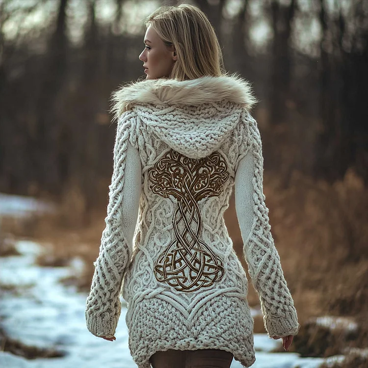 Women's Viking Style Celtic Knot White Hooded Cardigan Sweater