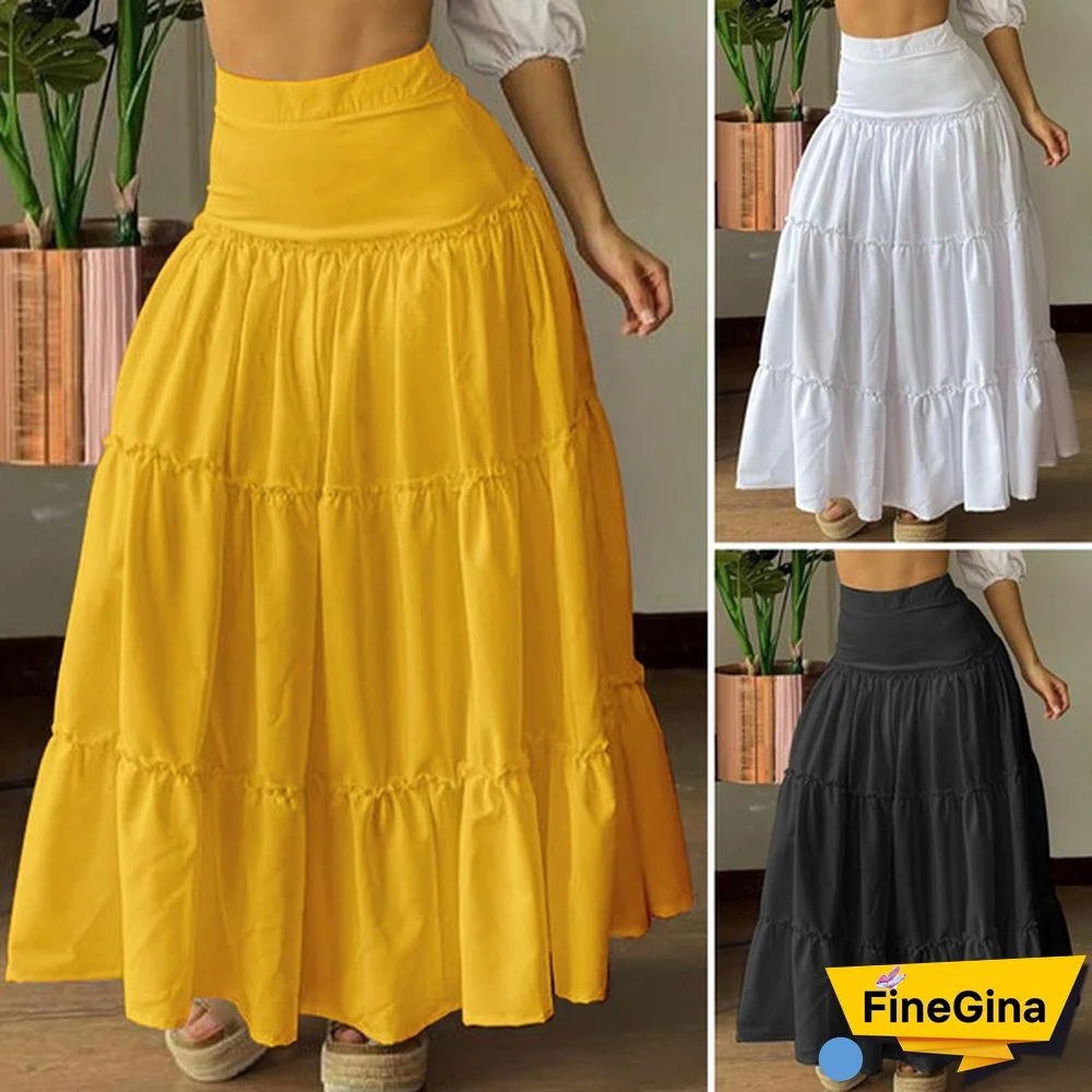 Summer Women Solid Color High Waist Chiffon Long Skirt Loose Plus Size Pleated Skirts Bohemian Beach Dress