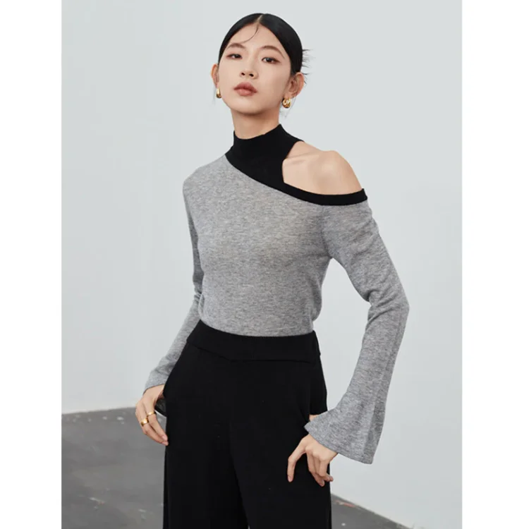 Fashion Turtleneck Contrast Color Patchwork Off Shoulder Long Sleeve Knitted Sweater      