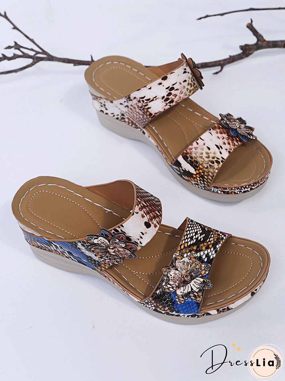 3D Floral Snake Print Wedge Sandals Slippers