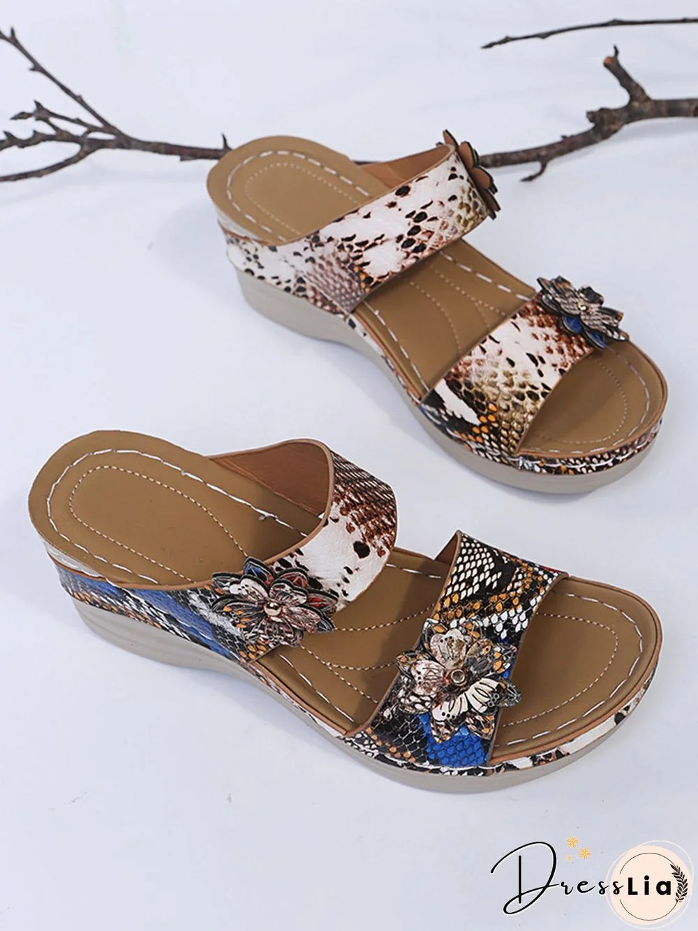 3D Floral Snake Print Wedge Sandals Slippers