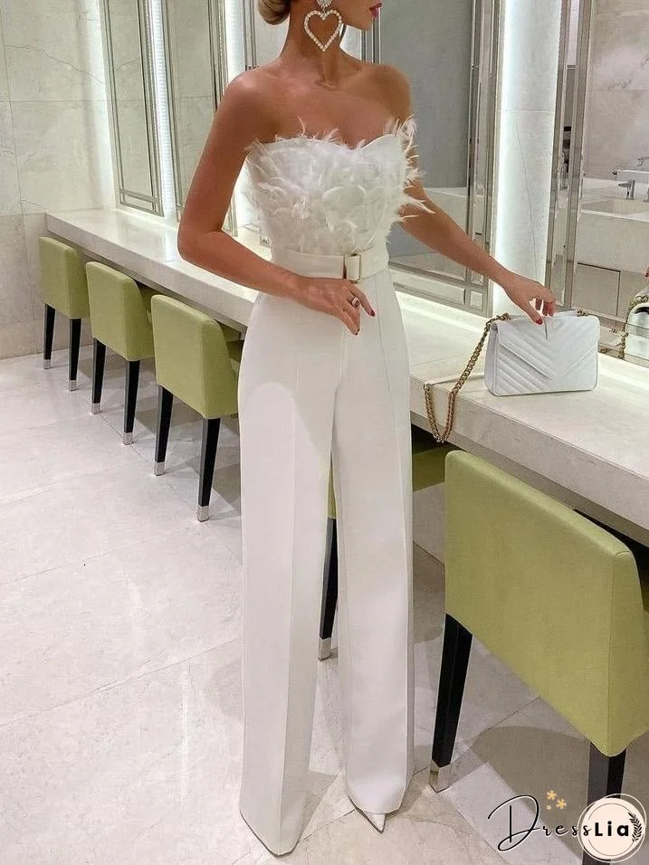 Women's Jumpsuits Feather Bandeau Belt Jumpsuit