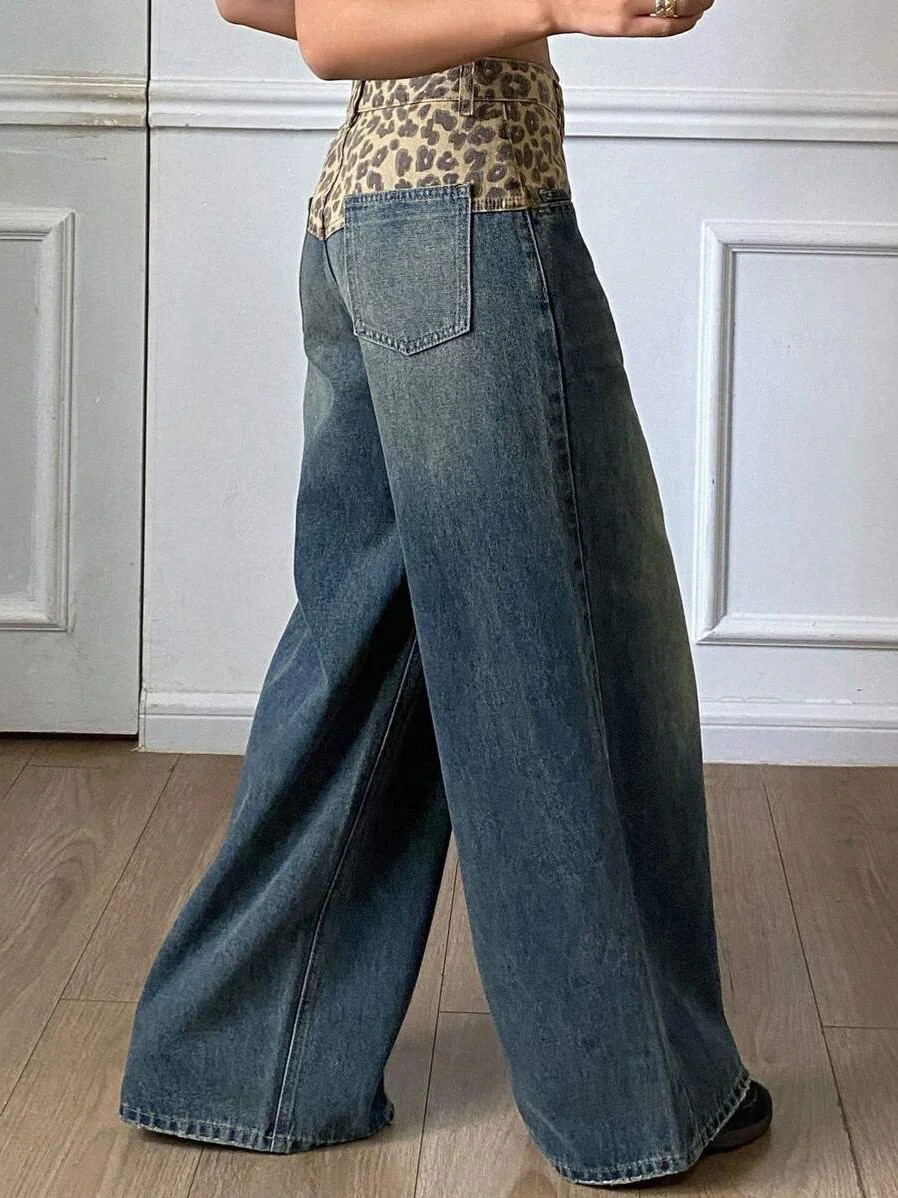 Athvotar Athvotar Splicing Retro Leopard-Print Broad-Legged Pants Jeans Women's Niche To Make Old Loose Breathable Straight Pants