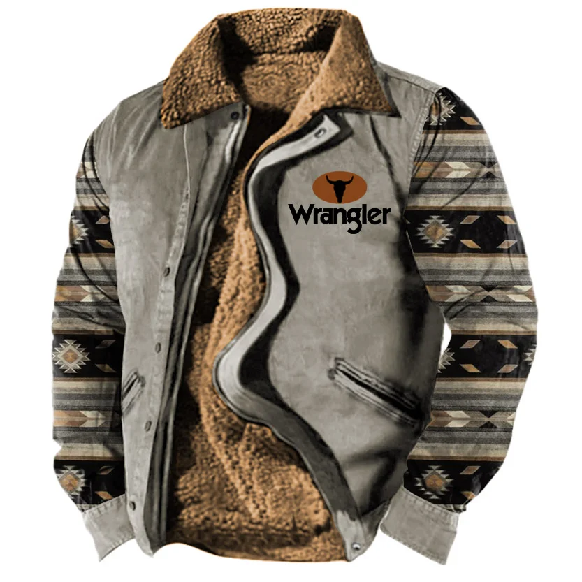 Men's Vintage Western Ethnic Print Plus Fleece Warm Thick Jacket