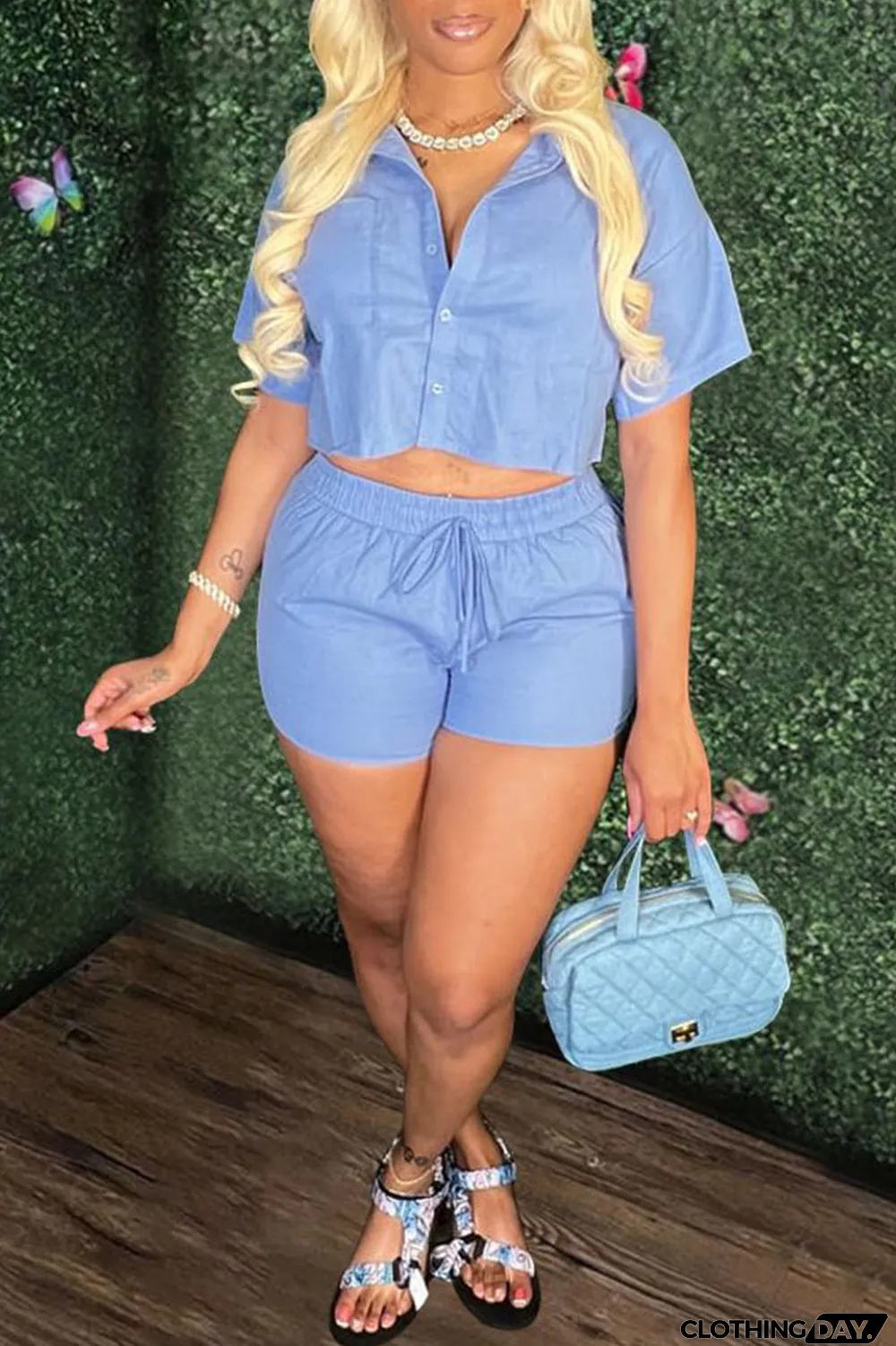 Orange Casual Solid Patchwork Buckle Turndown Collar Short Sleeve Two Pieces