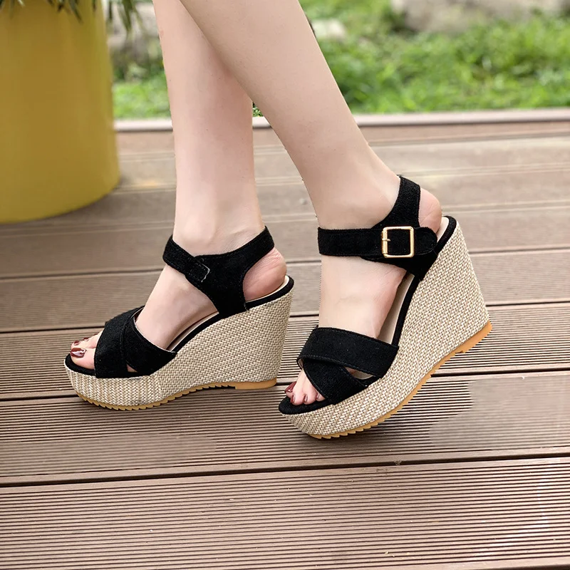 Yyvonne Buckle With Hemp Rope Comfortable Summer New Sloped Sandals Cross Fish Mouth Water Table High Heels Women's Shoes