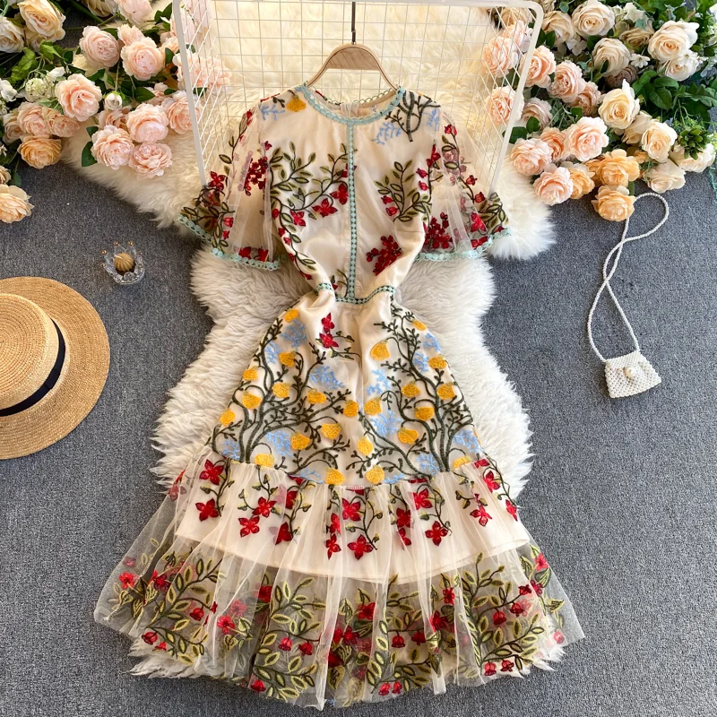 Huibahe Retro Mesh Embroidery Dress Women Short Sleeve Ruffles A-line Dress Summer High Quality Elegant Chic Streetwear Dress