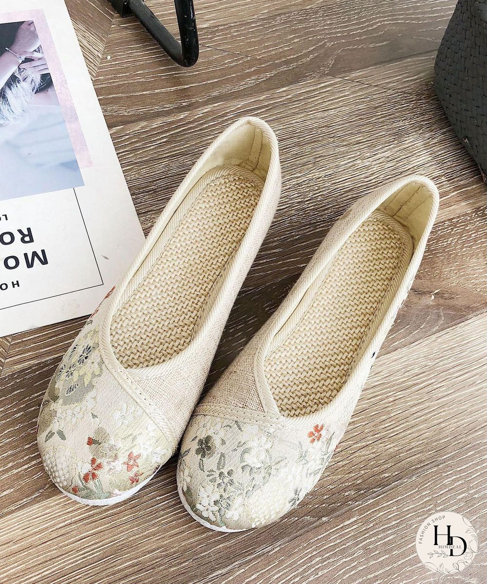 Black Print Linen Fabric Stylish Splicing Flats