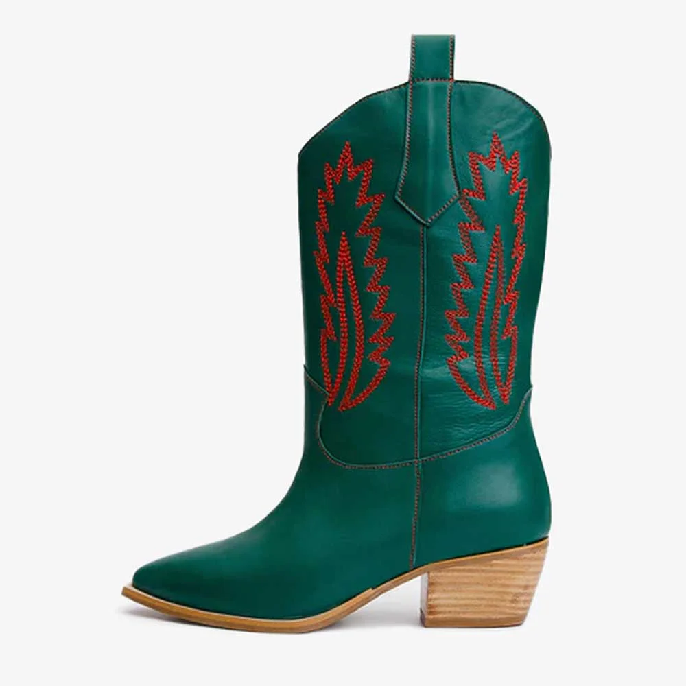 Green Vegan Leather Pointed Toe Stacked Heel Embroidered Cowgirl Boots