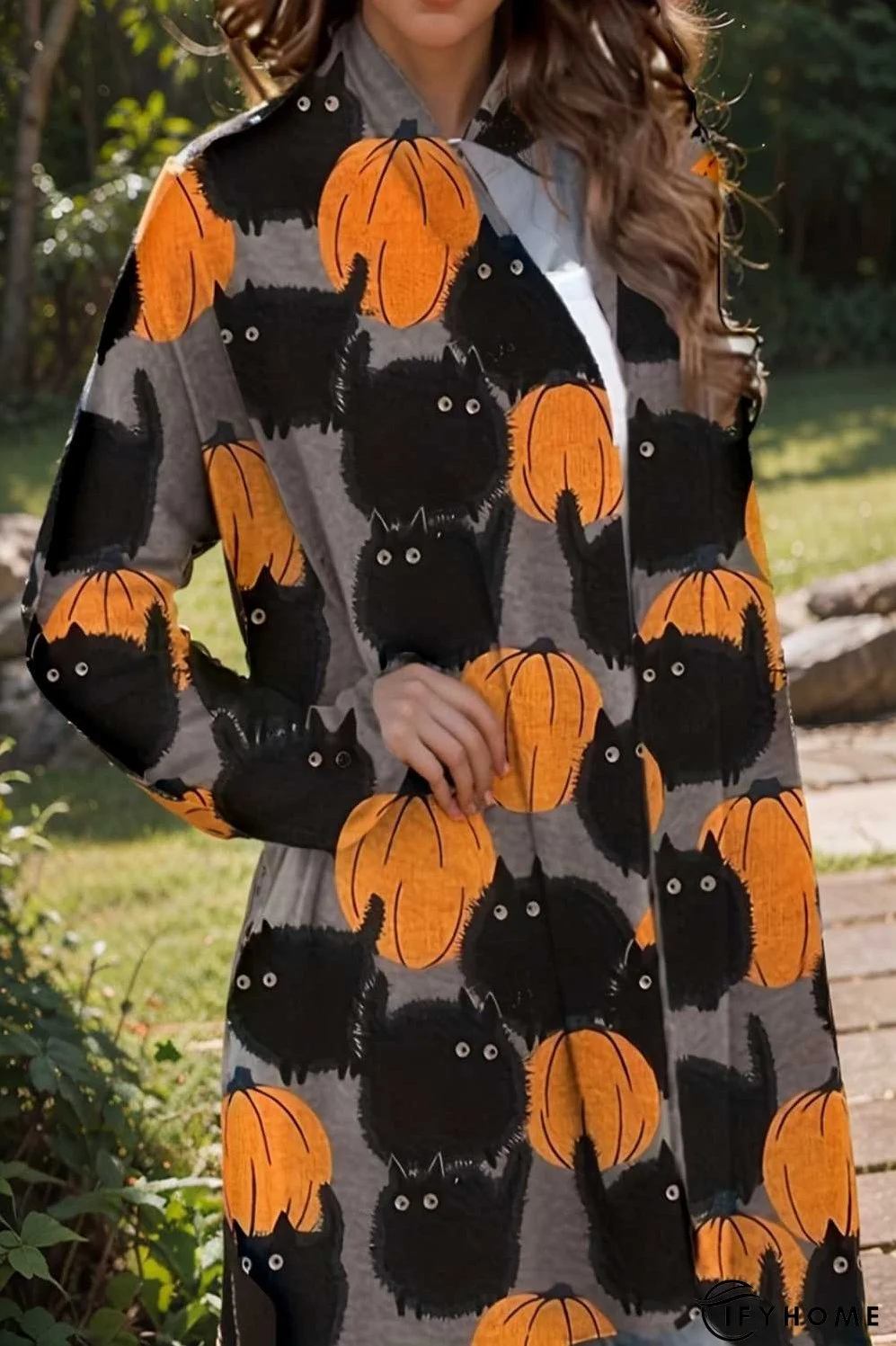 plus size halloween coat women s pus allover cat pumpkin print long sleeve open front medium stretch cardigan overcoat | IFYHOME
