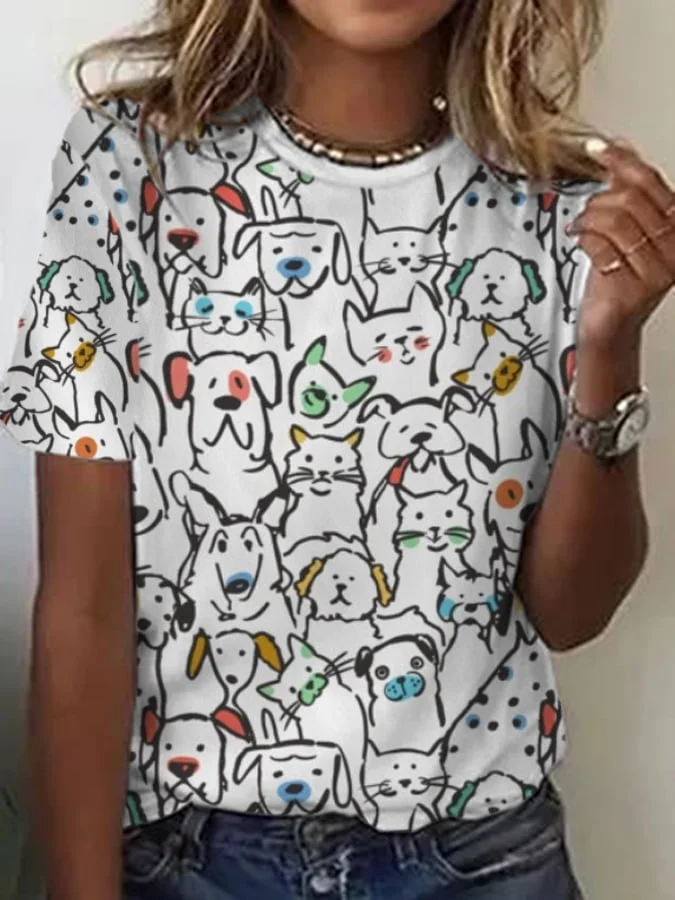 Women's Animal Puppy Print Crew Neck Short Sleeve T-Shirt