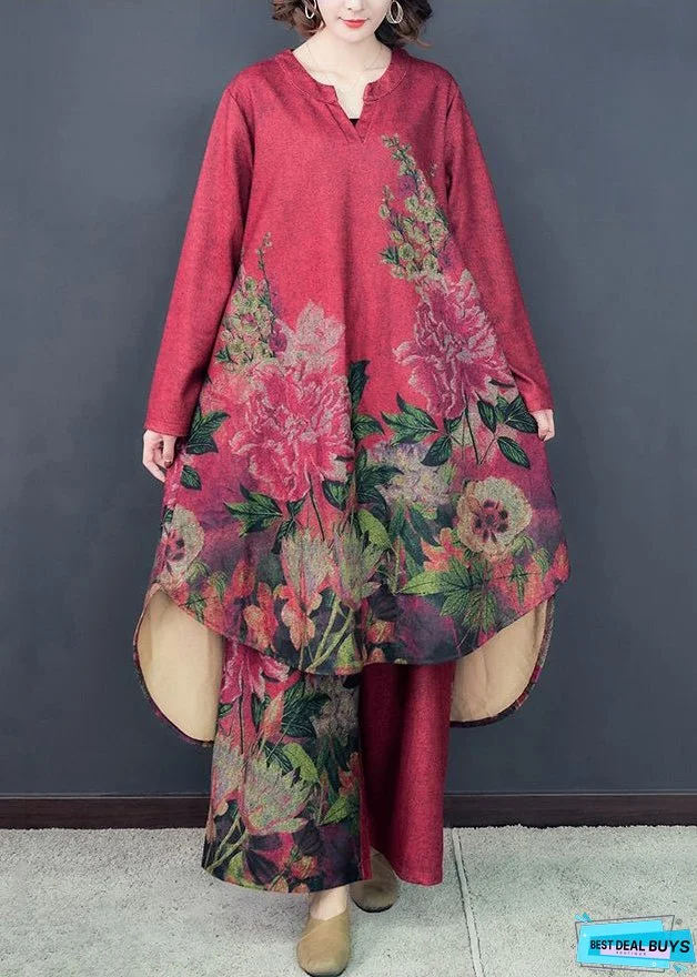 Loose Red Asymmetrical Print Silk Dress And Wide Leg Pants Two Pieces Set Spring