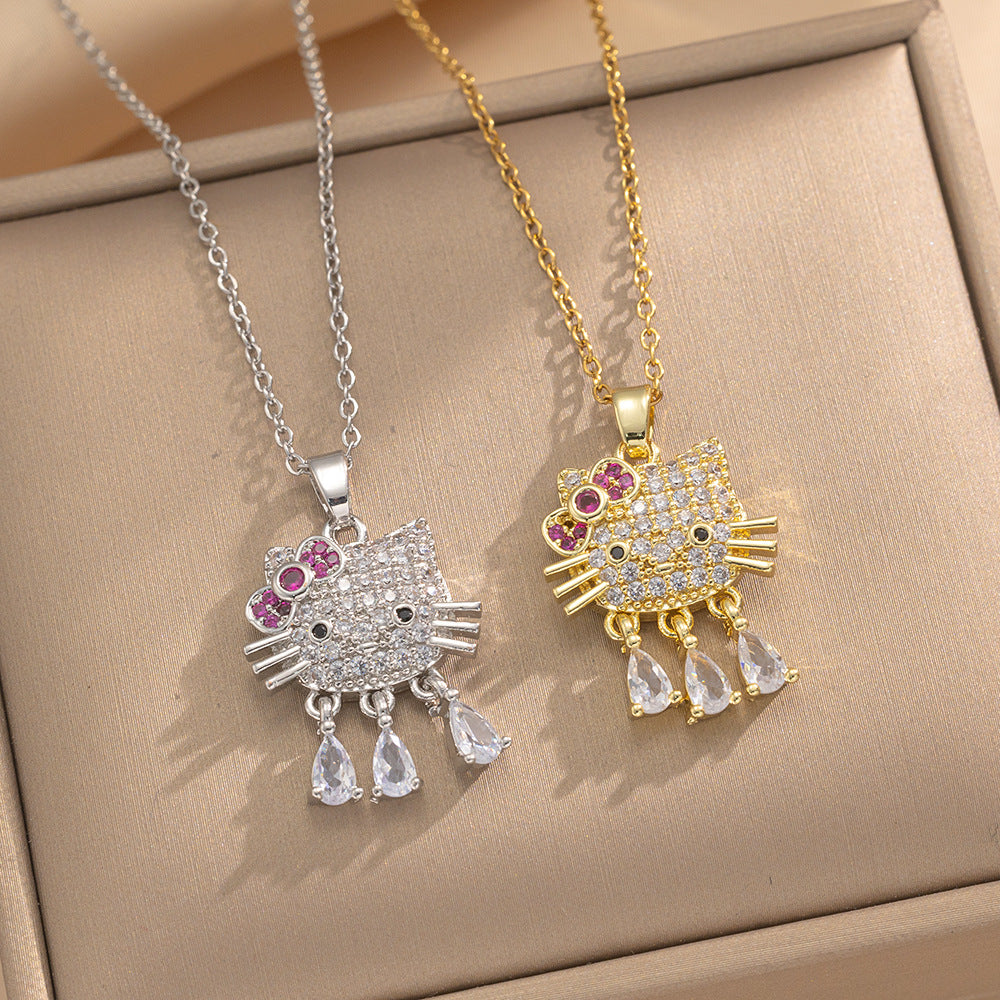 Design Kt Cat Pendant Necklace Micro Inlaid Zircon Copper Plated 18 Gold All-Match Clavicle Chain
