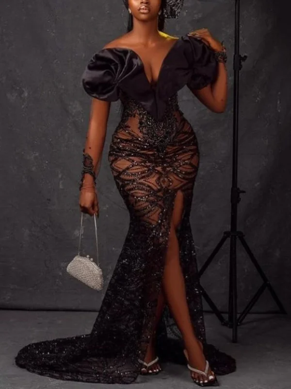 Sexy V-Neck Long Sleeve See-Through Split-Side Wrap Black Maxi Dress