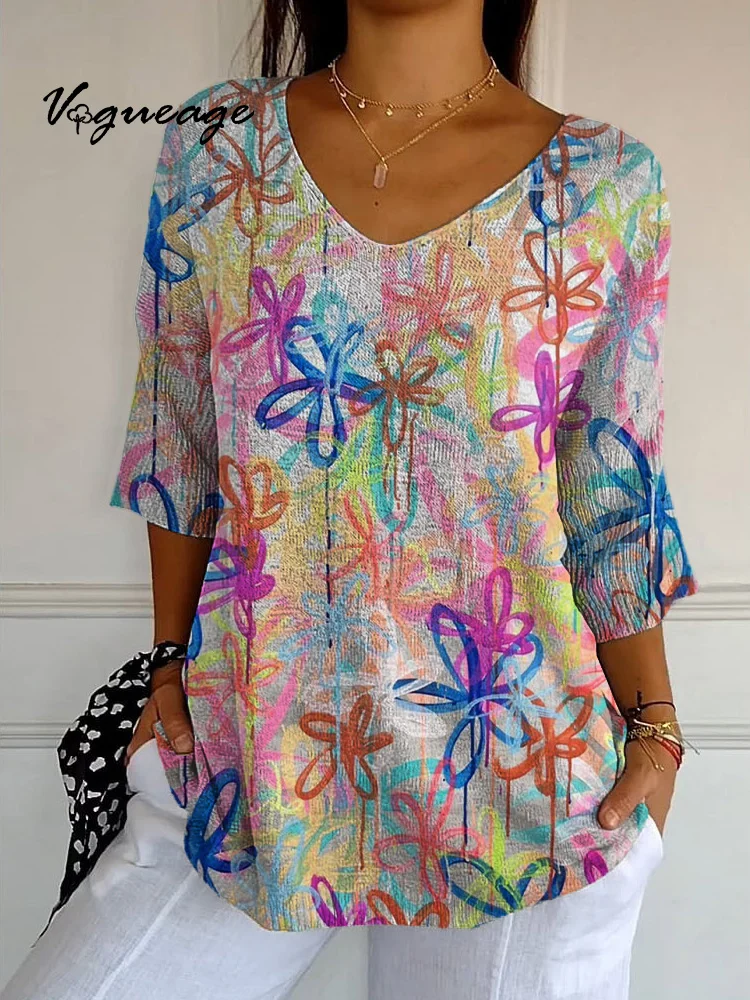 Colorful Bright And Vivid Graffiti Line Flowers Printed Knitted Sweater