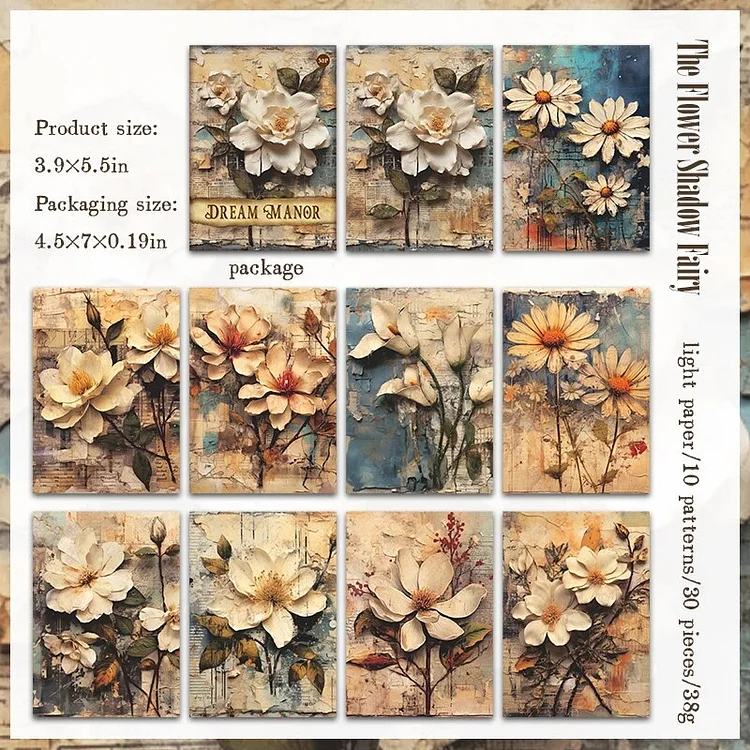 Journalsay 30 Sheets Dream Manor Series Vintage Flower Material Paper