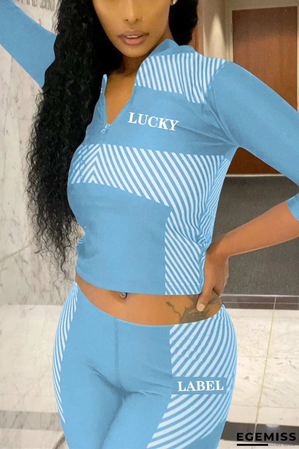 Blue Casual Print O Neck Three Quarter Two Pieces | EGEMISS