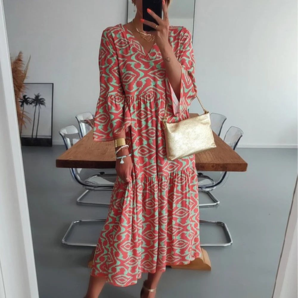 Mint Green and Orange Tiered Prairie V-Neck Midi Dress