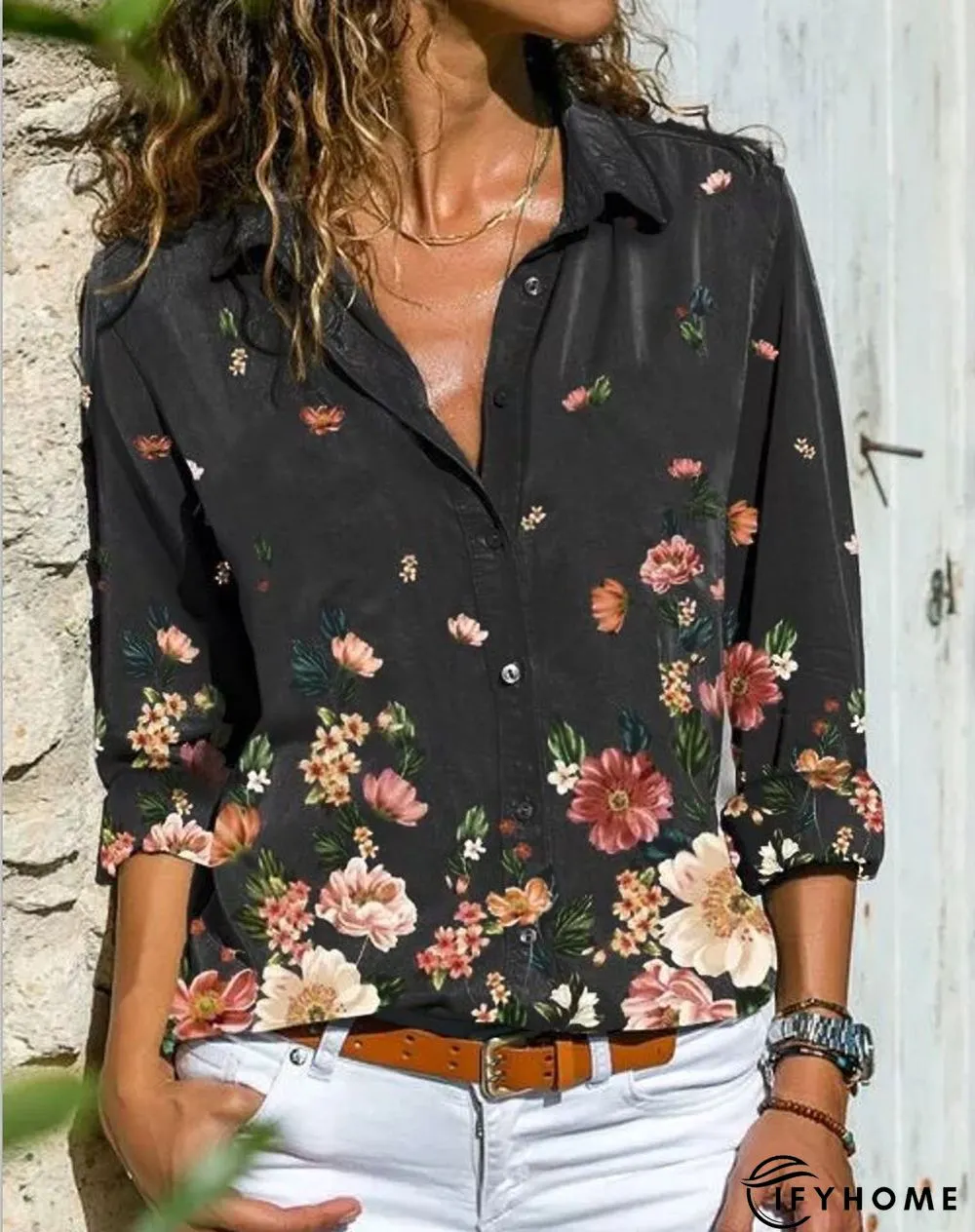 Gray Shawl Collar Long Sleeve Printed Blouse | IFYHOME
