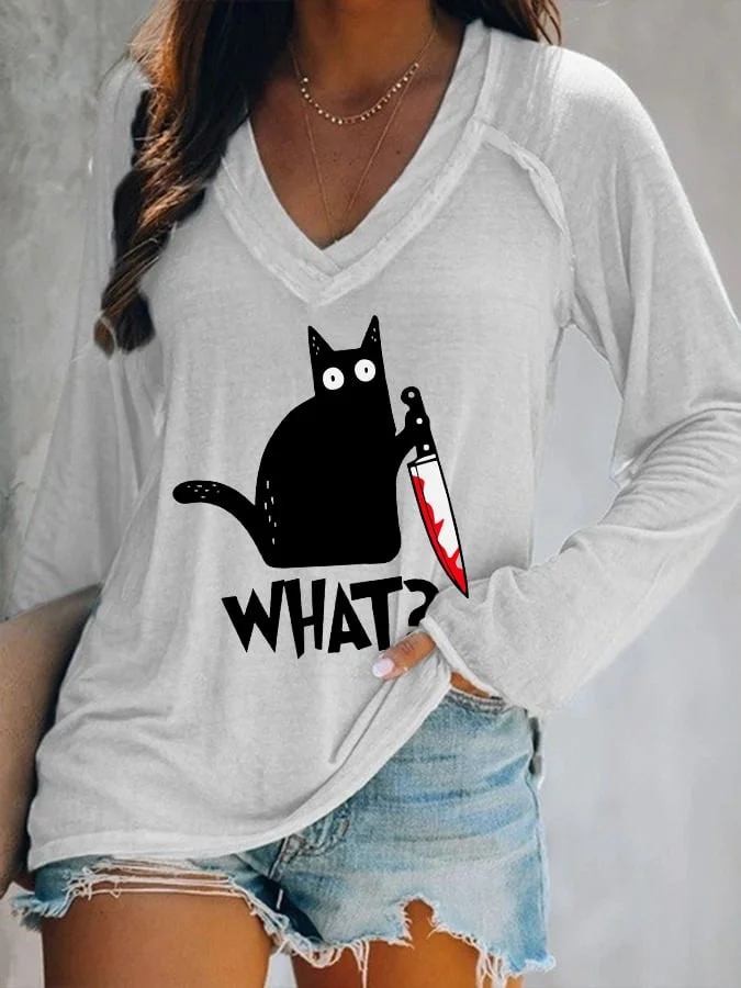 Women's Halloween Fun Black Cat Print Double Layer V-Neck Long Sleeve T-Shirt socialshop