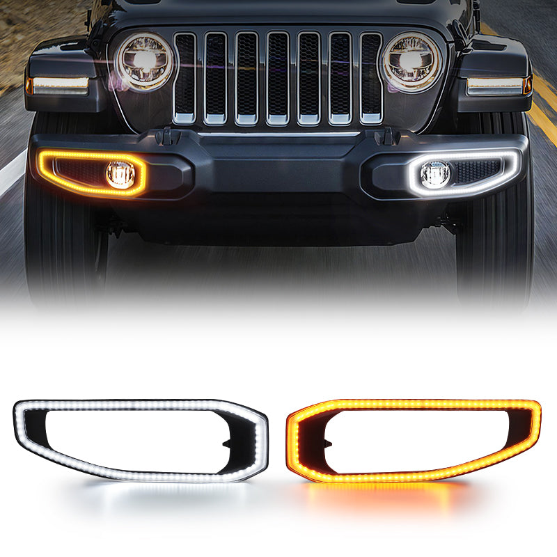 Front Bumper Fog Light Covers with Day Running Lights and Turn Signals for Jeep Wrangler JL and Gladiator JT